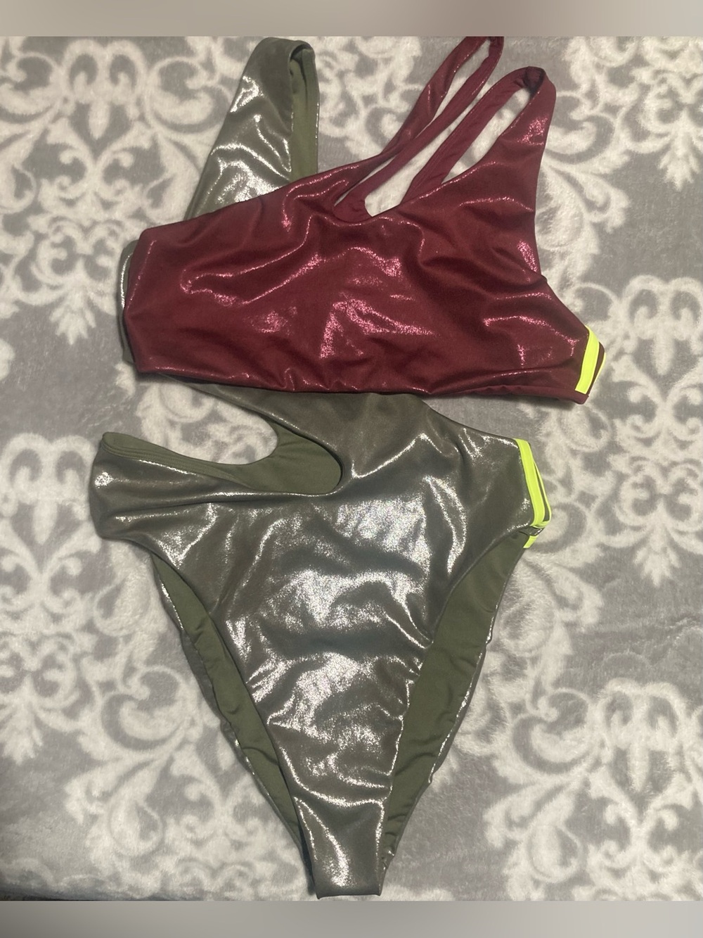 NWOT Adidas x Ivy Park Two Piece Asymmetric Metallic Burgundy & Olive Swim Suit